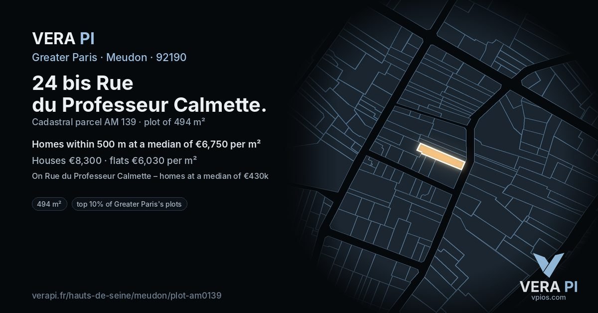 24 bis Rue du Professeur Calmette, Meudon at night – the plot lit, the parcels around coloured by the prices near them