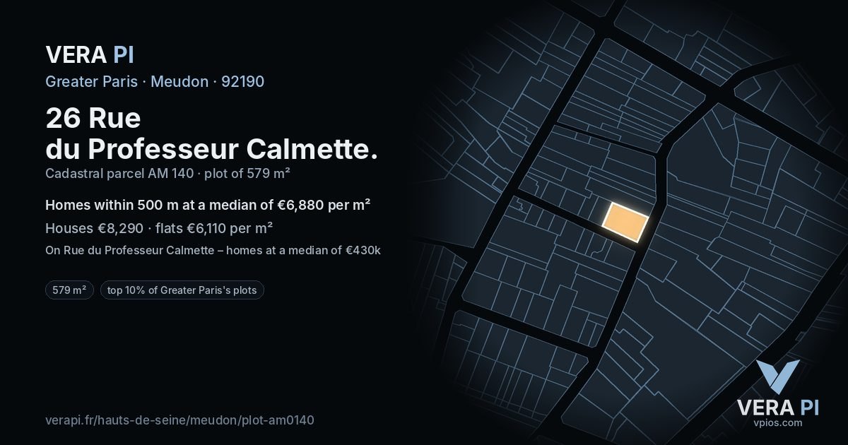 26 Rue du Professeur Calmette, Meudon at night – the plot lit, the parcels around coloured by the prices near them