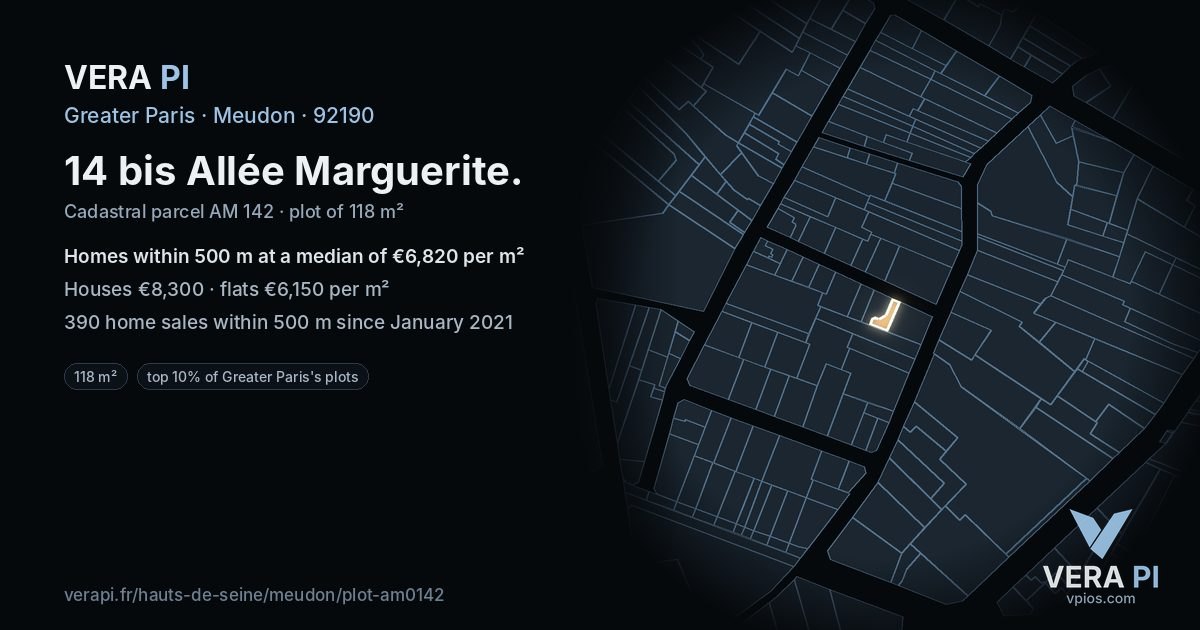 14 bis Allée Marguerite, Meudon at night – the plot lit, the parcels around coloured by the prices near them