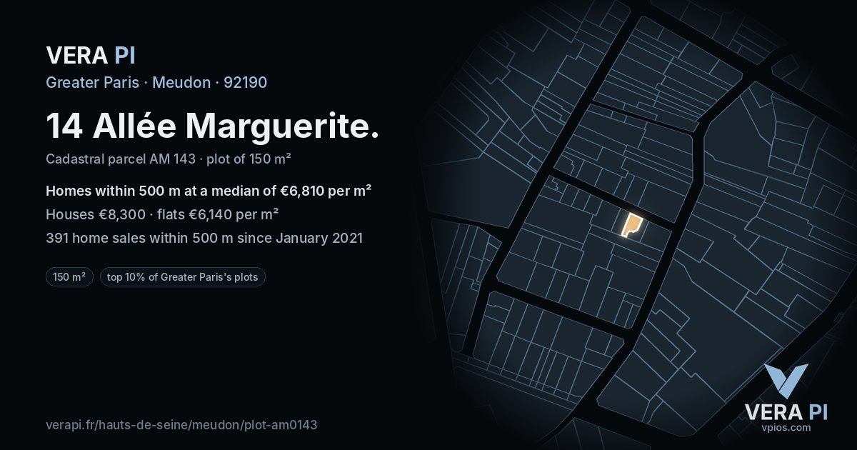 14 Allée Marguerite, Meudon at night – the plot lit, the parcels around coloured by the prices near them