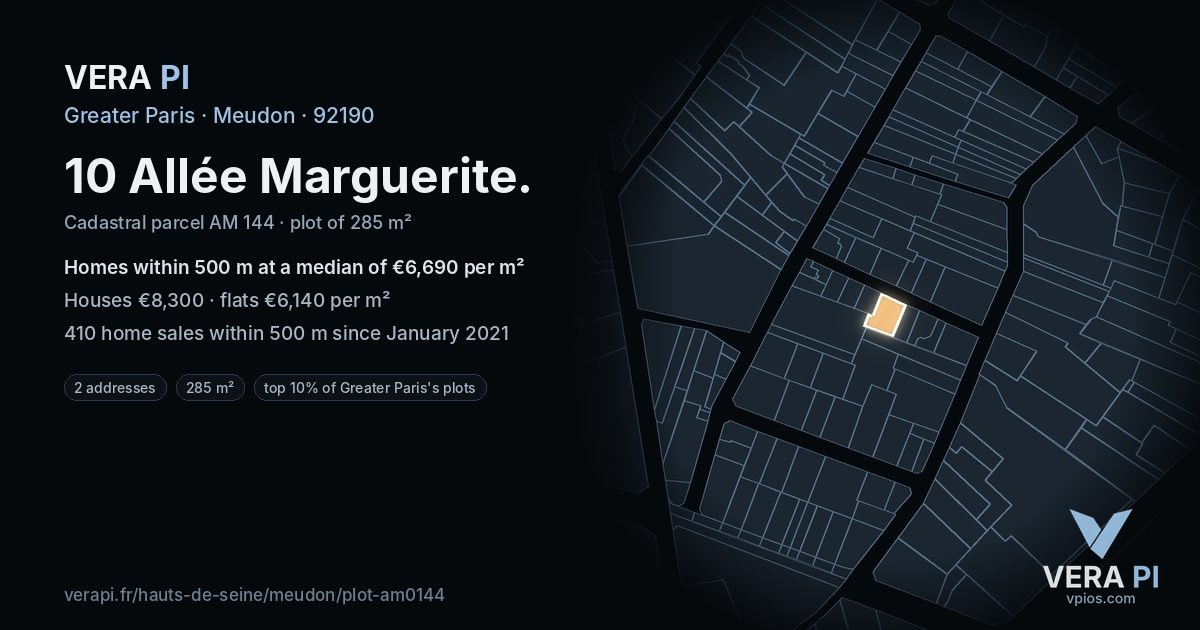 10 Allée Marguerite, Meudon at night – the plot lit, the parcels around coloured by the prices near them