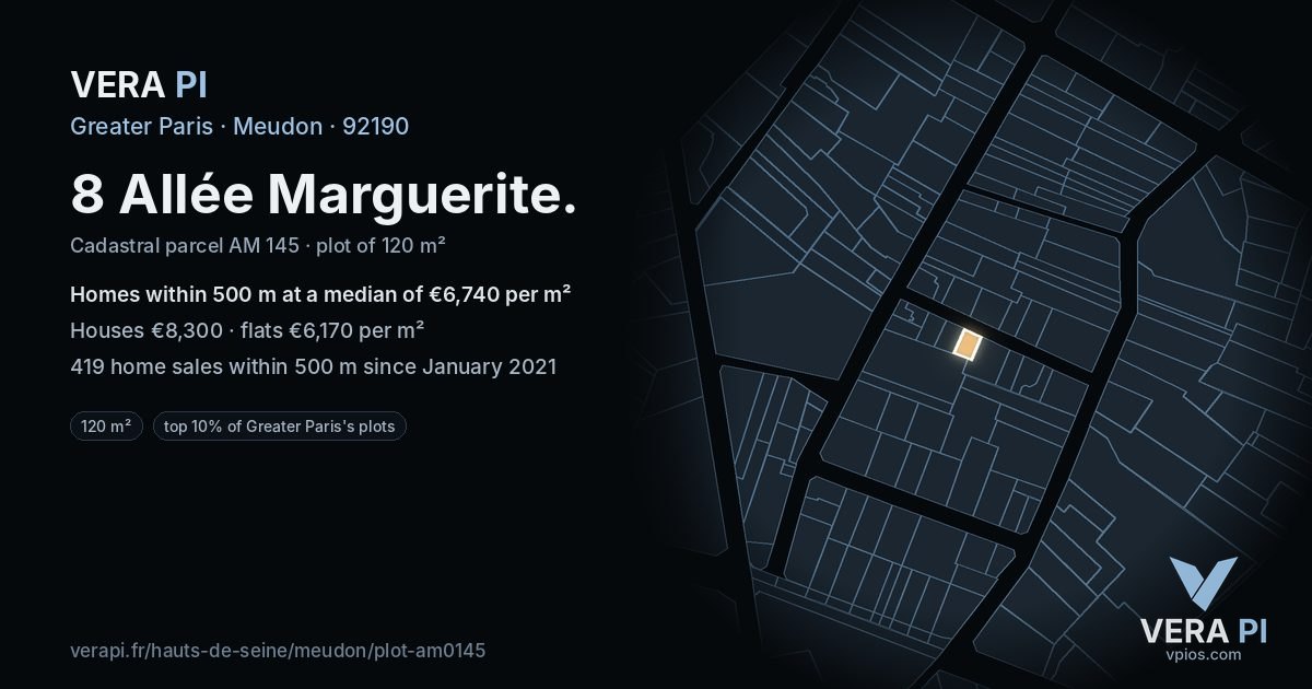 8 Allée Marguerite, Meudon at night – the plot lit, the parcels around coloured by the prices near them