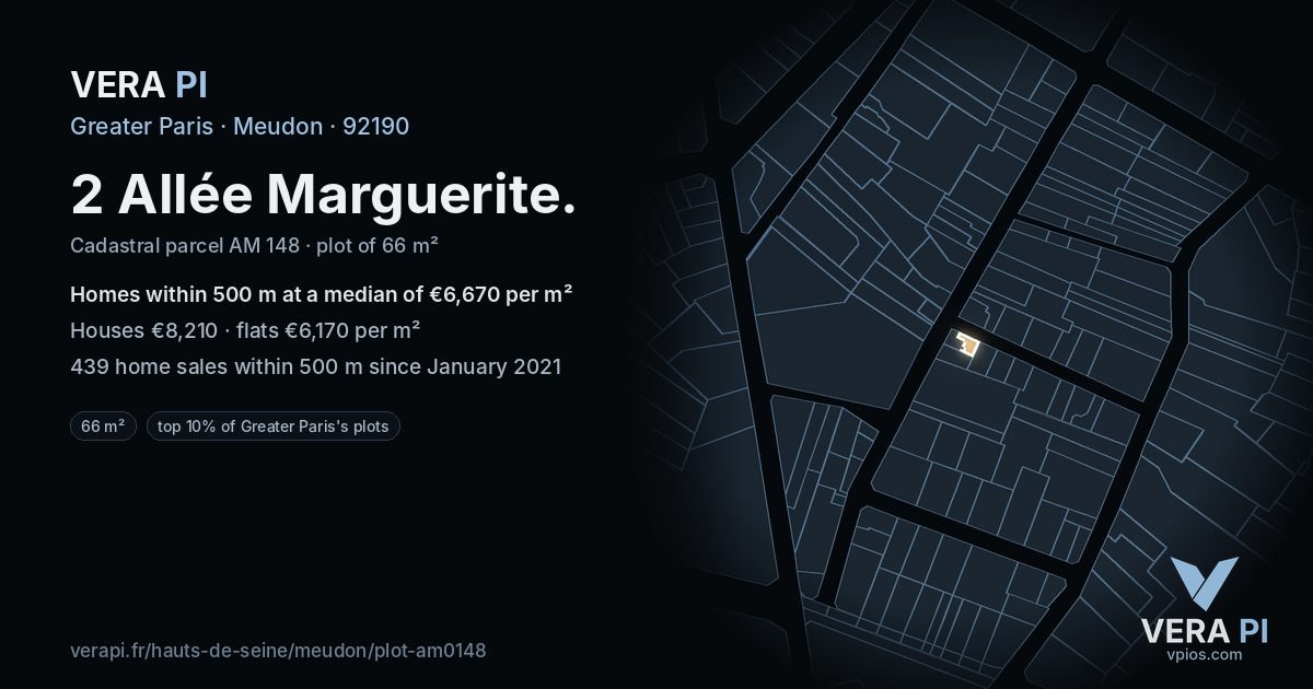 2 Allée Marguerite, Meudon at night – the plot lit, the parcels around coloured by the prices near them