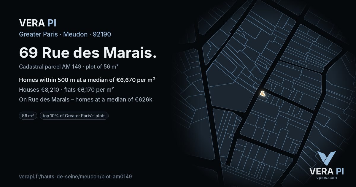 69 Rue des Marais, Meudon at night – the plot lit, the parcels around coloured by the prices near them