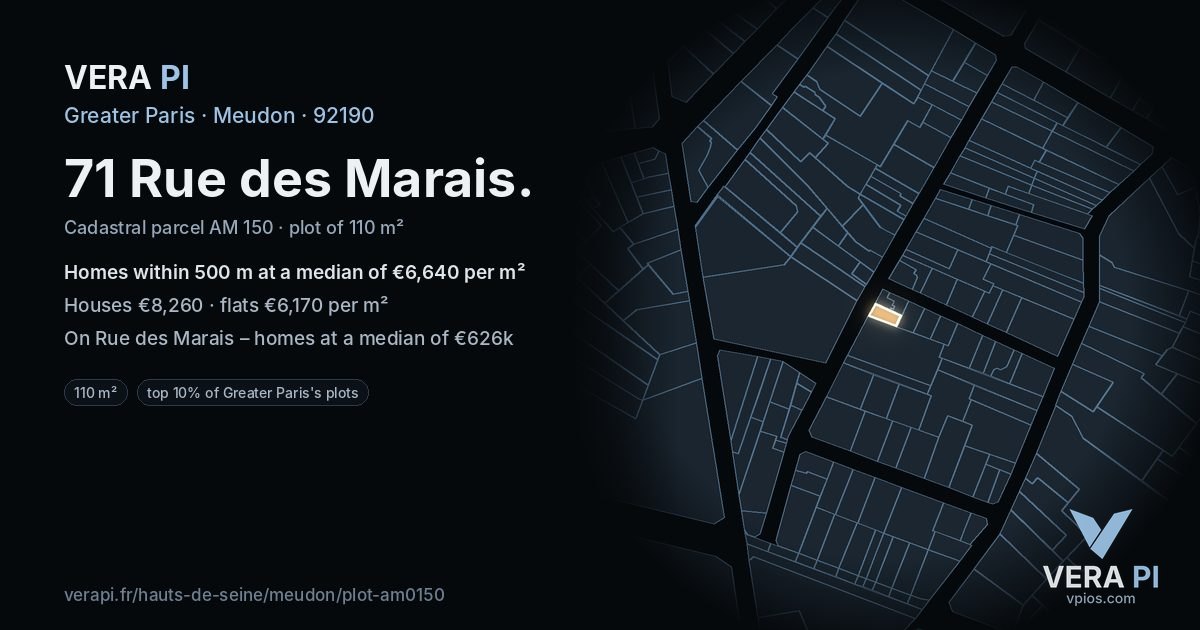 71 Rue des Marais, Meudon at night – the plot lit, the parcels around coloured by the prices near them