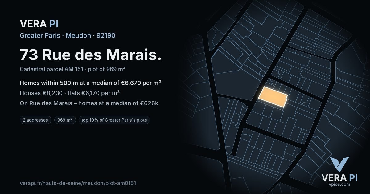 73 Rue des Marais, Meudon at night – the plot lit, the parcels around coloured by the prices near them