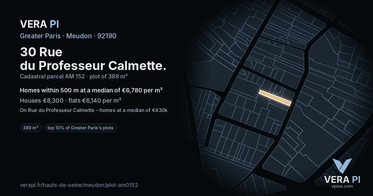 30 Rue du Professeur Calmette, Meudon at night – the plot lit, the parcels around coloured by the prices near them