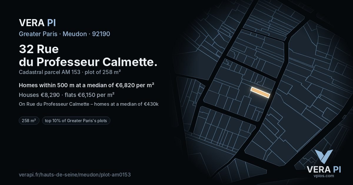 32 Rue du Professeur Calmette, Meudon at night – the plot lit, the parcels around coloured by the prices near them