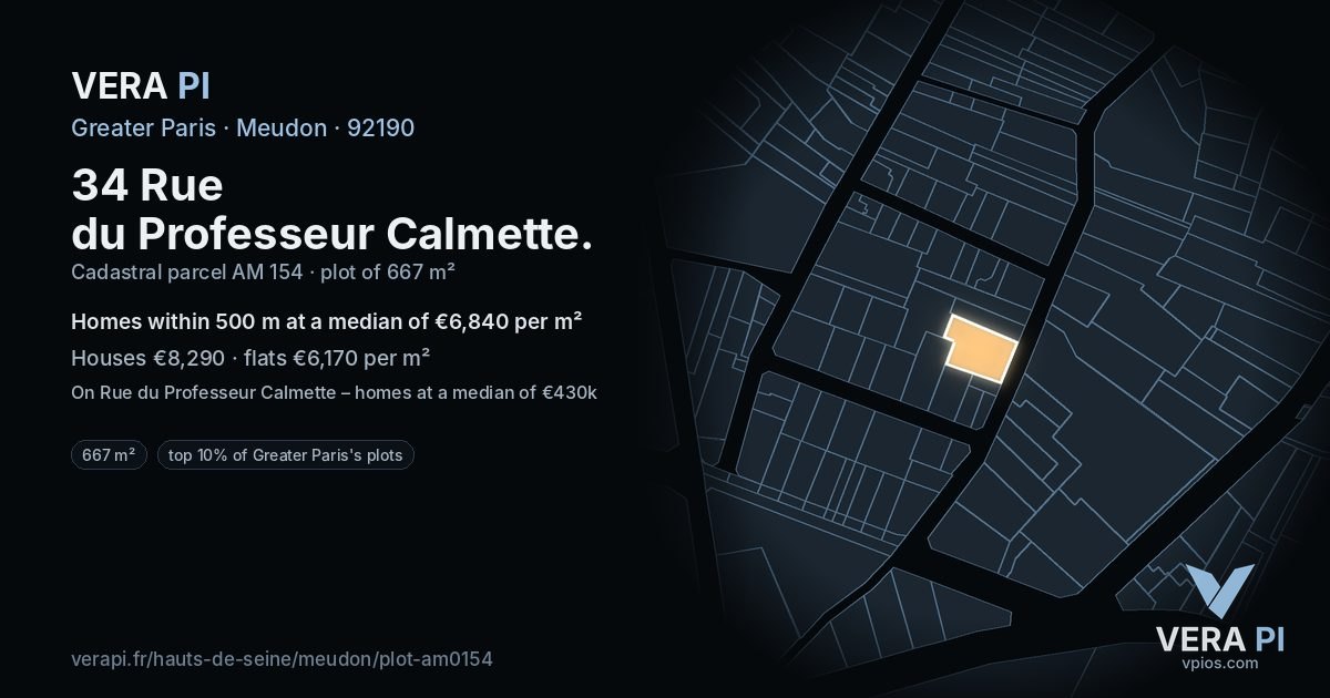 34 Rue du Professeur Calmette, Meudon at night – the plot lit, the parcels around coloured by the prices near them