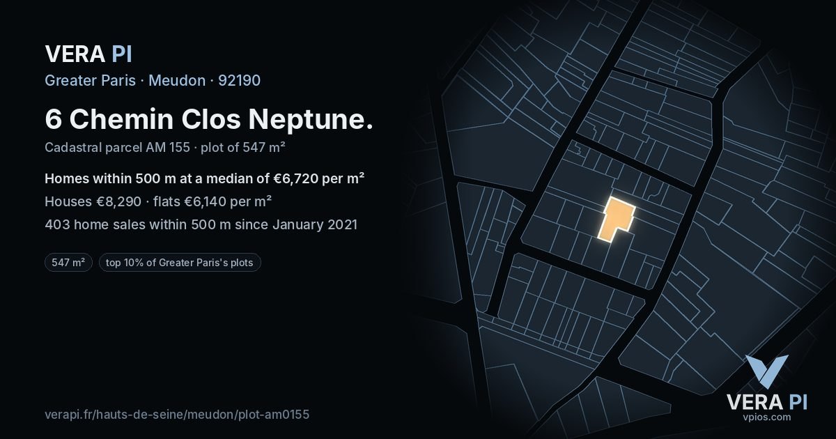 6 Chemin Clos Neptune, Meudon at night – the plot lit, the parcels around coloured by the prices near them