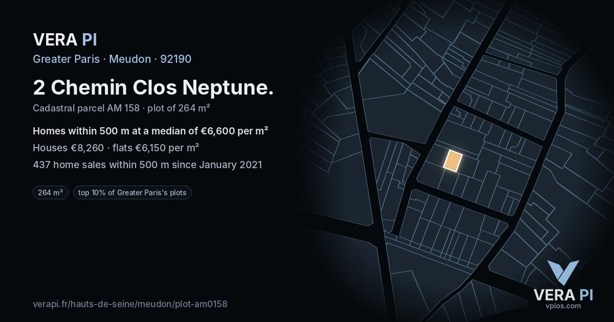 2 Chemin Clos Neptune, Meudon at night – the plot lit, the parcels around coloured by the prices near them