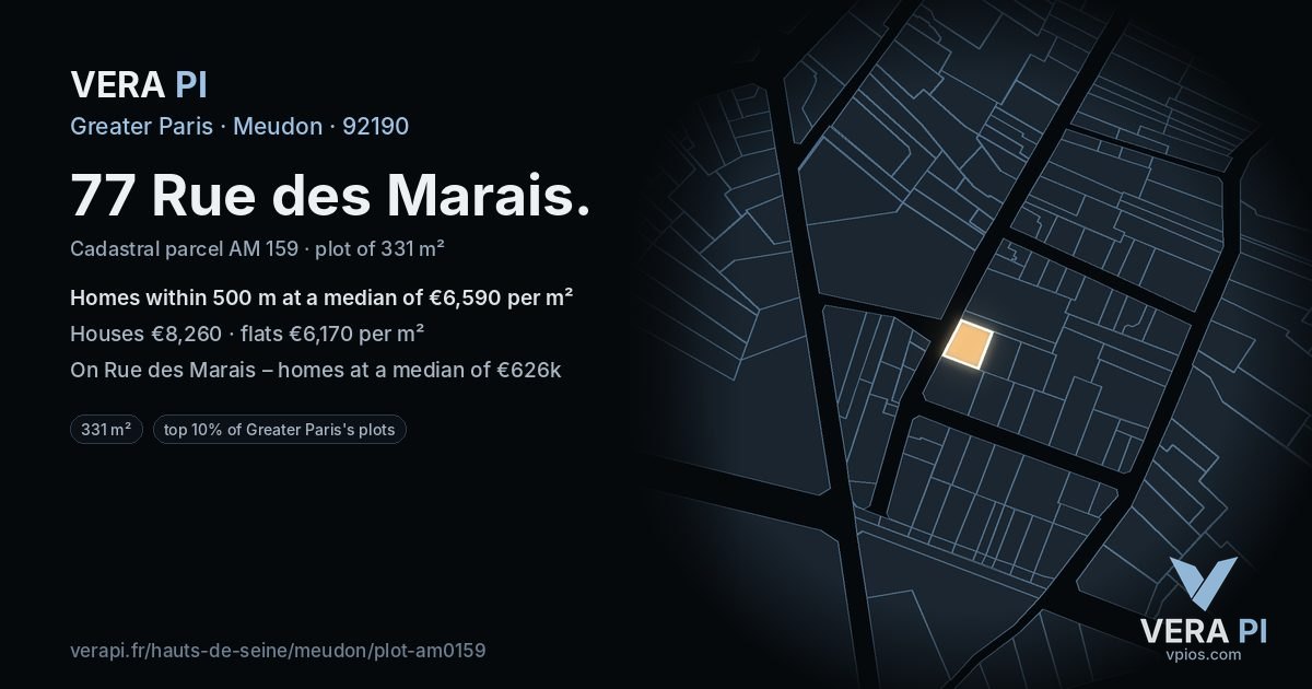 77 Rue des Marais, Meudon at night – the plot lit, the parcels around coloured by the prices near them