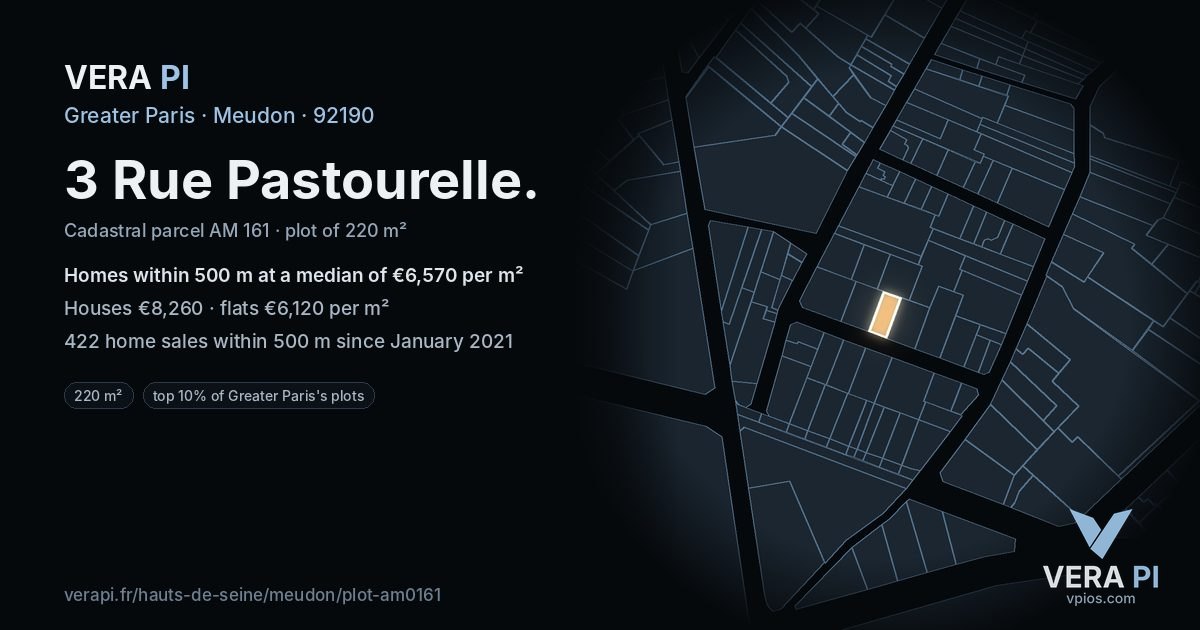 3 Rue Pastourelle, Meudon at night – the plot lit, the parcels around coloured by the prices near them