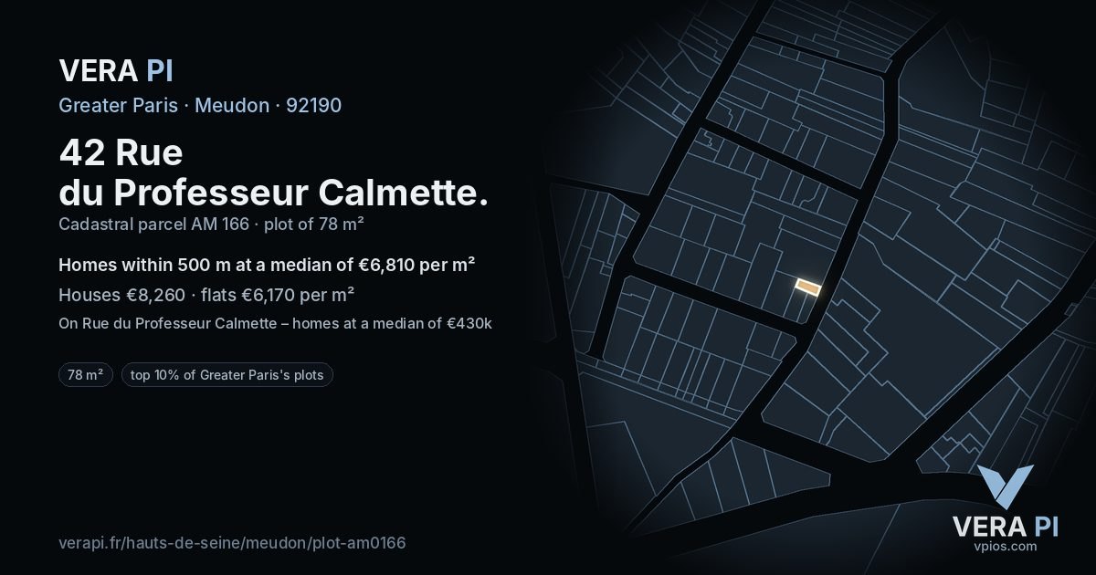 42 Rue du Professeur Calmette, Meudon at night – the plot lit, the parcels around coloured by the prices near them