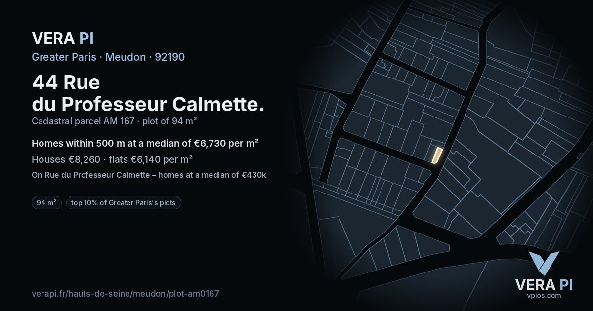 44 Rue du Professeur Calmette, Meudon at night – the plot lit, the parcels around coloured by the prices near them