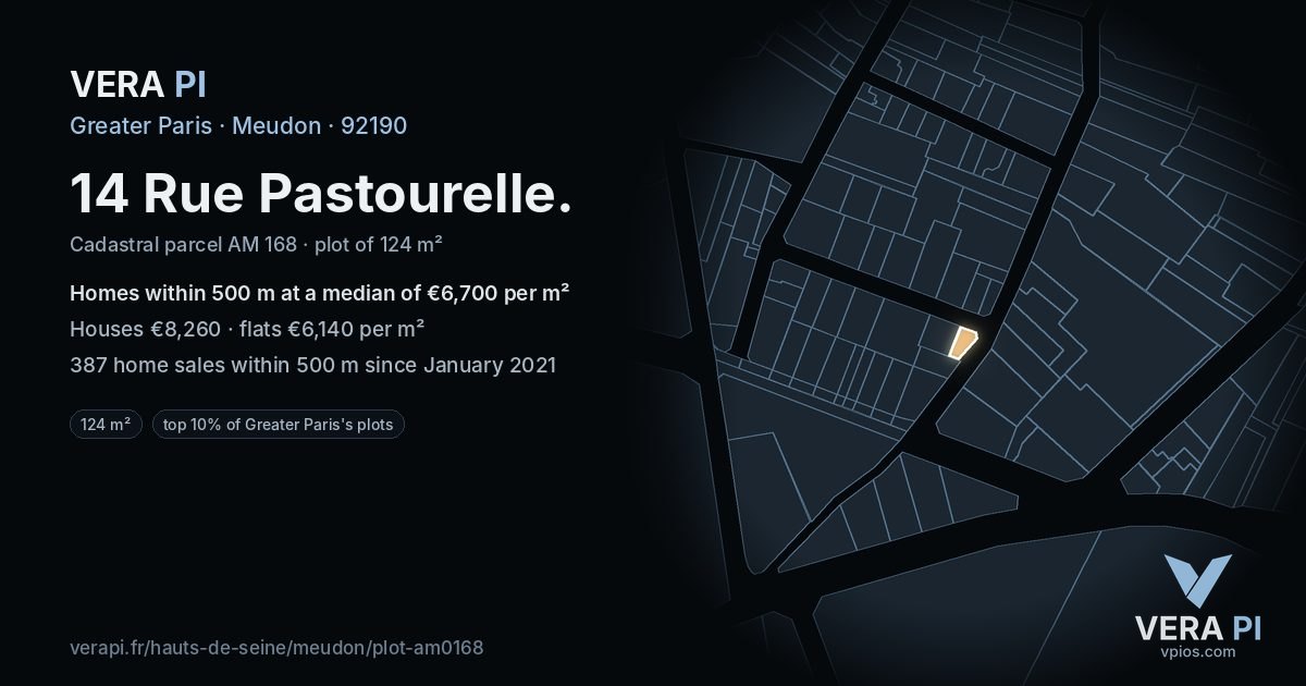 14 Rue Pastourelle, Meudon at night – the plot lit, the parcels around coloured by the prices near them