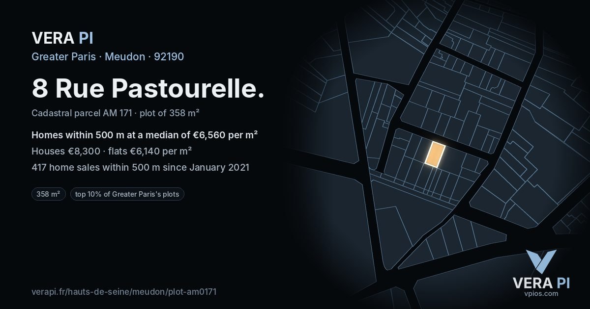 8 Rue Pastourelle, Meudon at night – the plot lit, the parcels around coloured by the prices near them