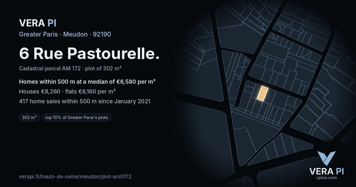 6 Rue Pastourelle, Meudon at night – the plot lit, the parcels around coloured by the prices near them