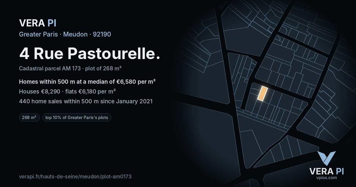 4 Rue Pastourelle, Meudon at night – the plot lit, the parcels around coloured by the prices near them