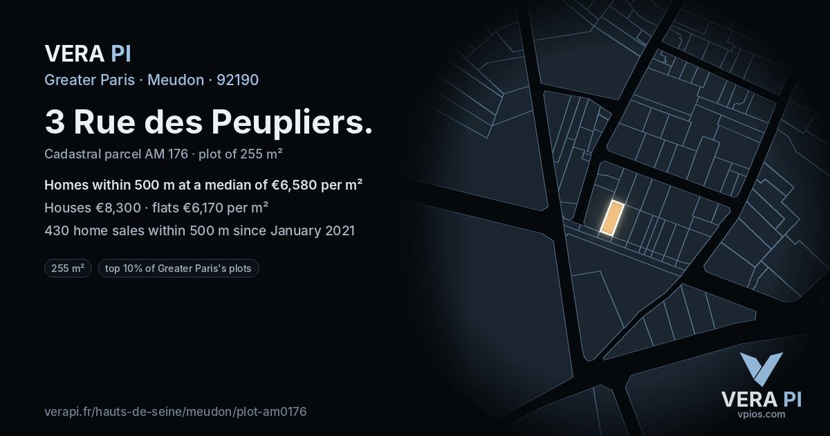 3 Rue des Peupliers, Meudon at night – the plot lit, the parcels around coloured by the prices near them