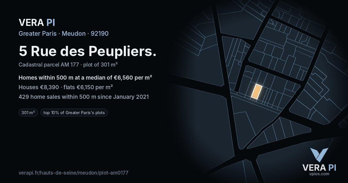5 Rue des Peupliers, Meudon at night – the plot lit, the parcels around coloured by the prices near them