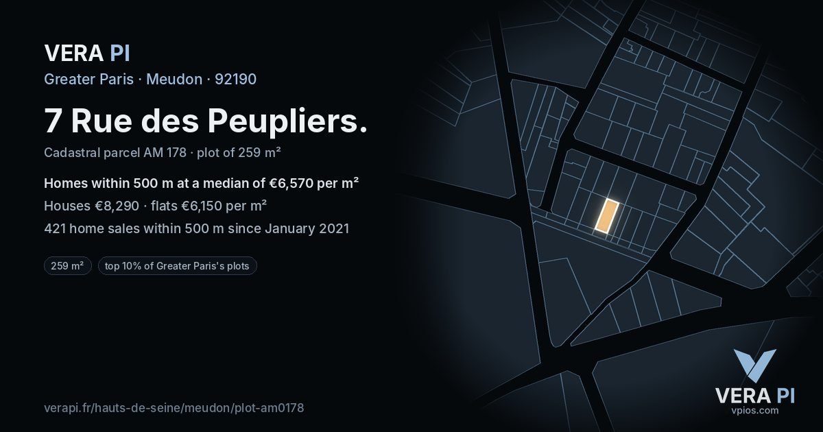 7 Rue des Peupliers, Meudon at night – the plot lit, the parcels around coloured by the prices near them