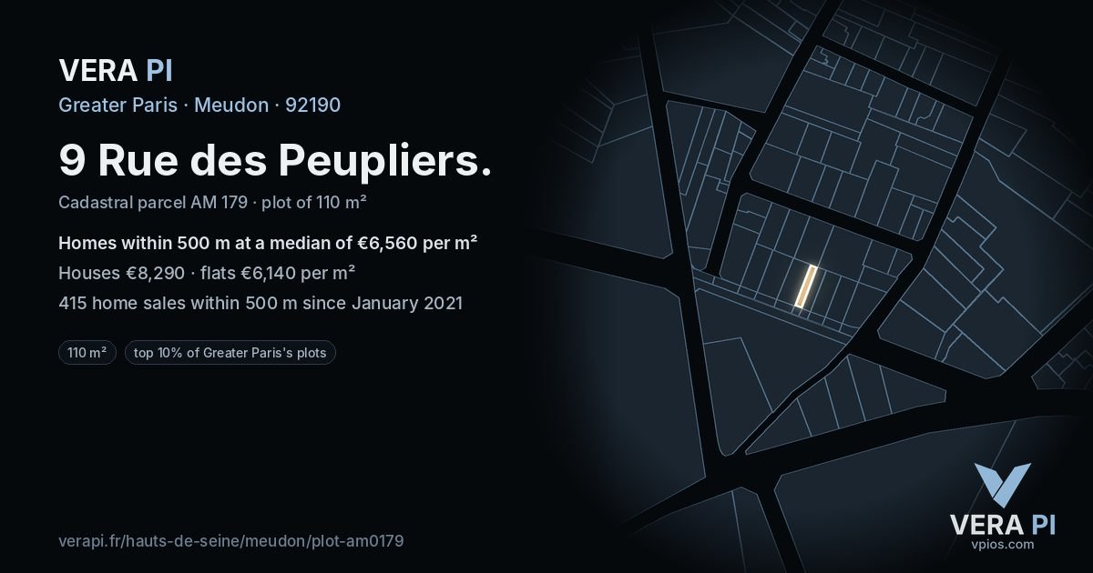 9 Rue des Peupliers, Meudon at night – the plot lit, the parcels around coloured by the prices near them