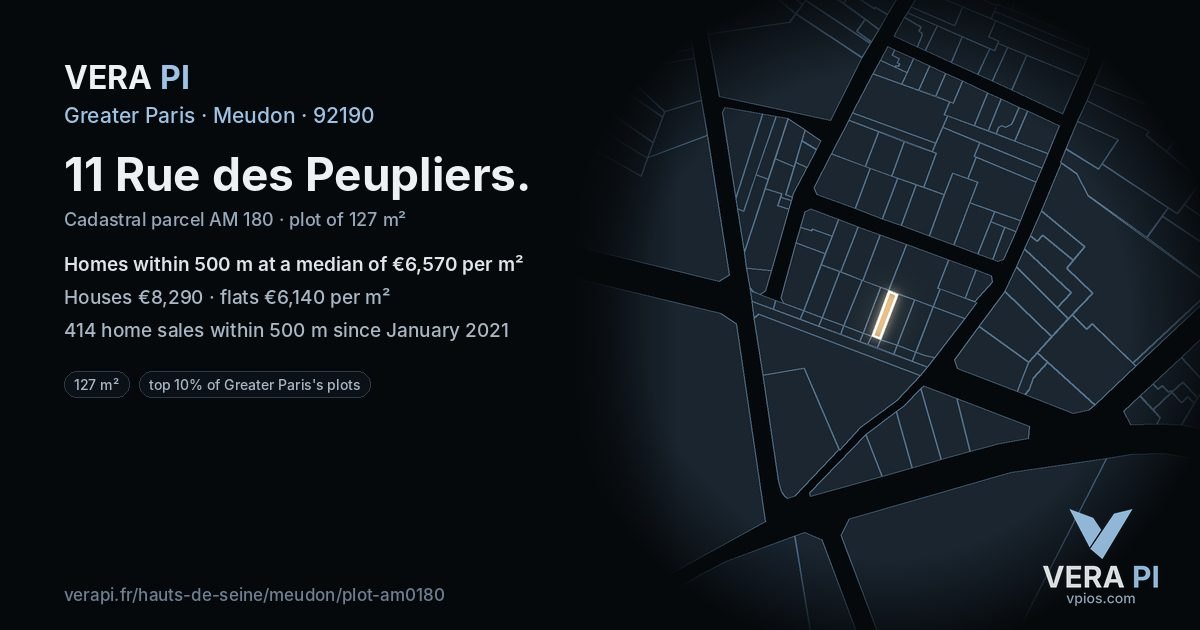 11 Rue des Peupliers, Meudon at night – the plot lit, the parcels around coloured by the prices near them