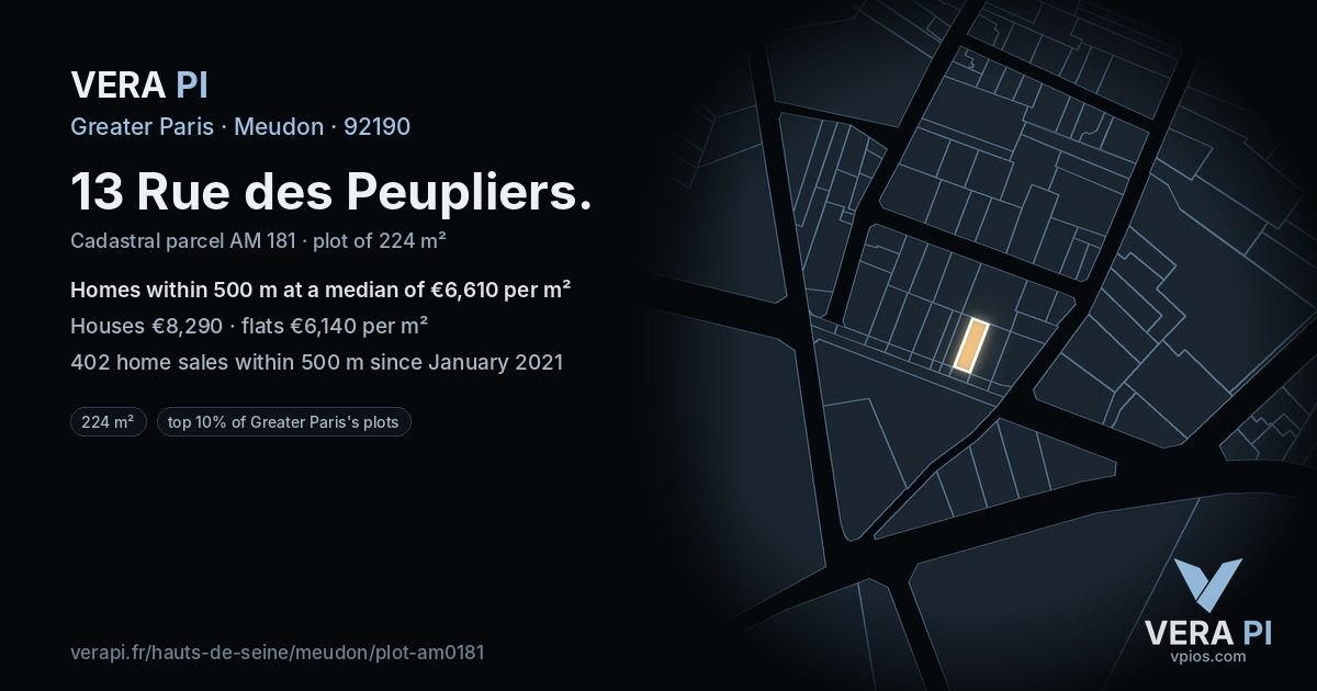 13 Rue des Peupliers, Meudon at night – the plot lit, the parcels around coloured by the prices near them