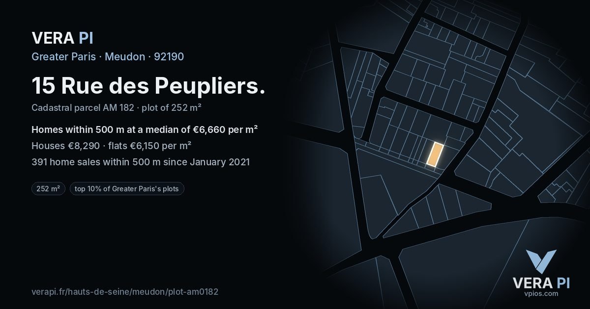 15 Rue des Peupliers, Meudon at night – the plot lit, the parcels around coloured by the prices near them