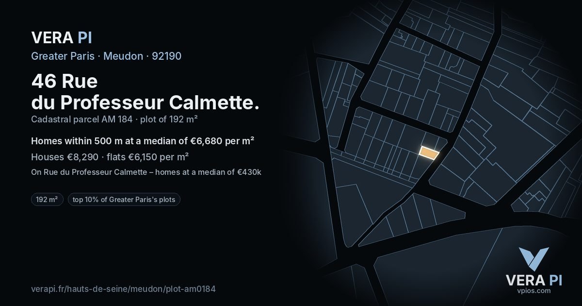 46 Rue du Professeur Calmette, Meudon at night – the plot lit, the parcels around coloured by the prices near them