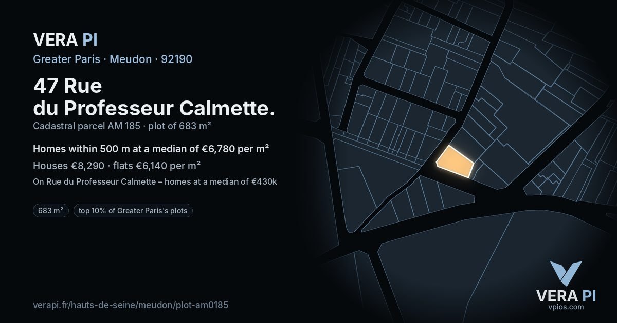 47 Rue du Professeur Calmette, Meudon at night – the plot lit, the parcels around coloured by the prices near them