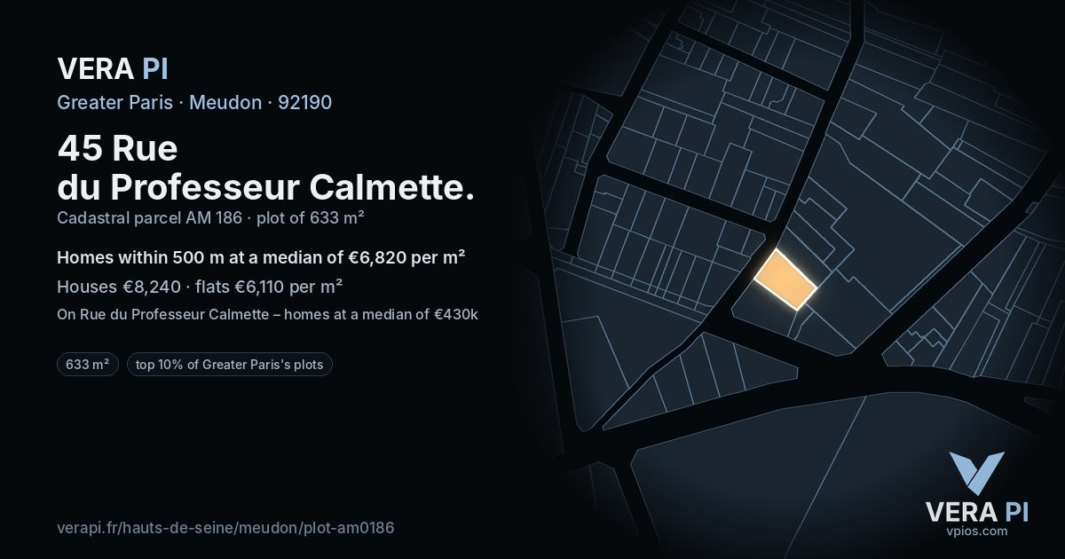 45 Rue du Professeur Calmette, Meudon at night – the plot lit, the parcels around coloured by the prices near them