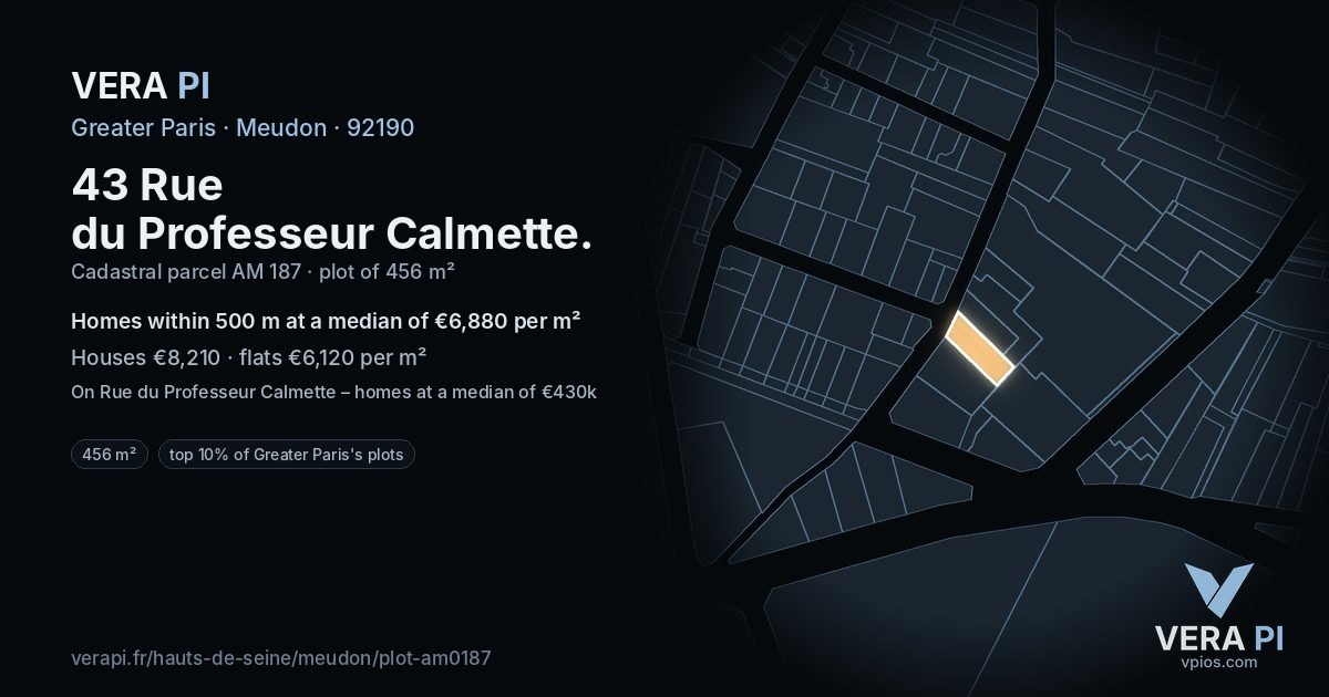 43 Rue du Professeur Calmette, Meudon at night – the plot lit, the parcels around coloured by the prices near them