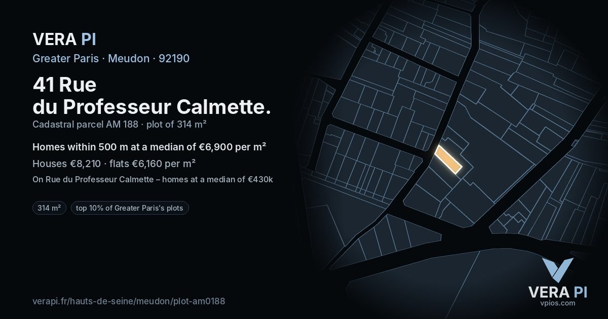 41 Rue du Professeur Calmette, Meudon at night – the plot lit, the parcels around coloured by the prices near them