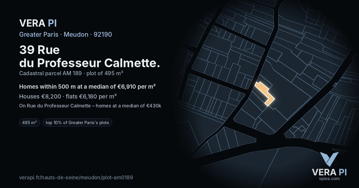 39 Rue du Professeur Calmette, Meudon at night – the plot lit, the parcels around coloured by the prices near them