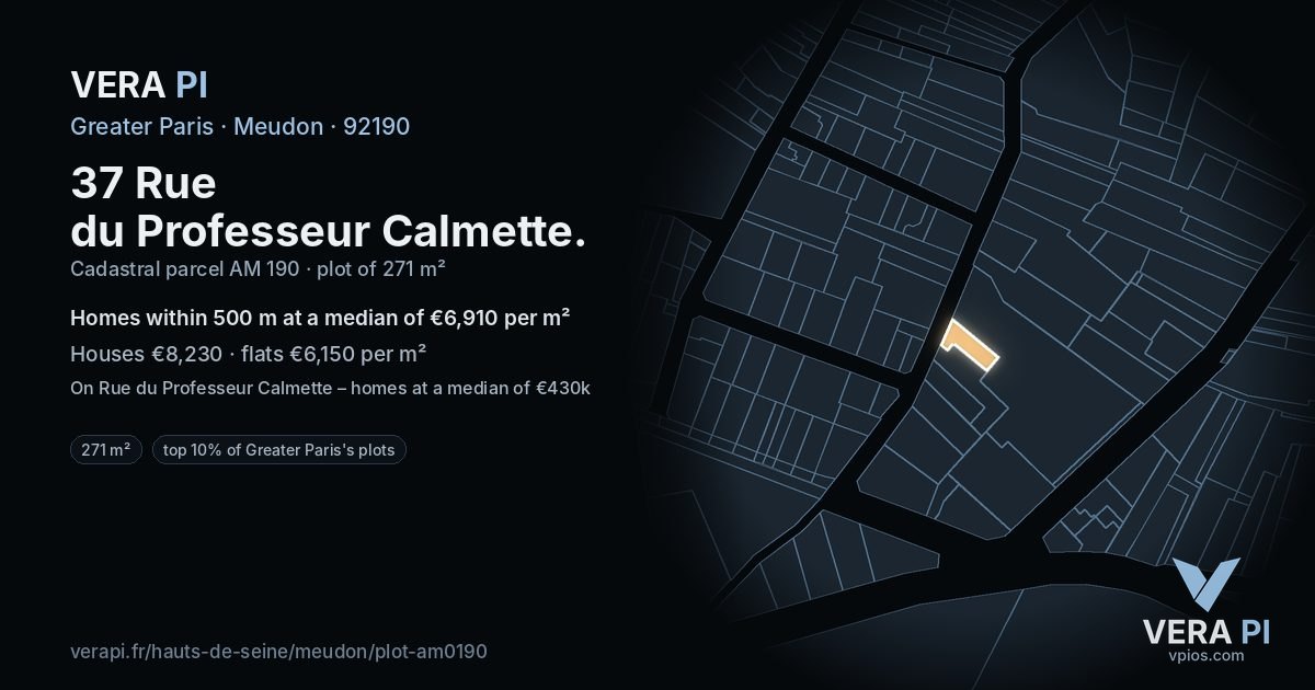 37 Rue du Professeur Calmette, Meudon at night – the plot lit, the parcels around coloured by the prices near them