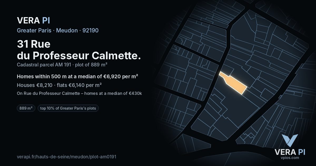 31 Rue du Professeur Calmette, Meudon at night – the plot lit, the parcels around coloured by the prices near them