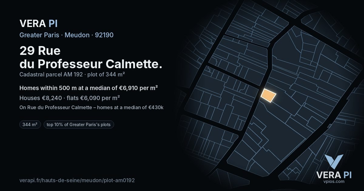29 Rue du Professeur Calmette, Meudon at night – the plot lit, the parcels around coloured by the prices near them