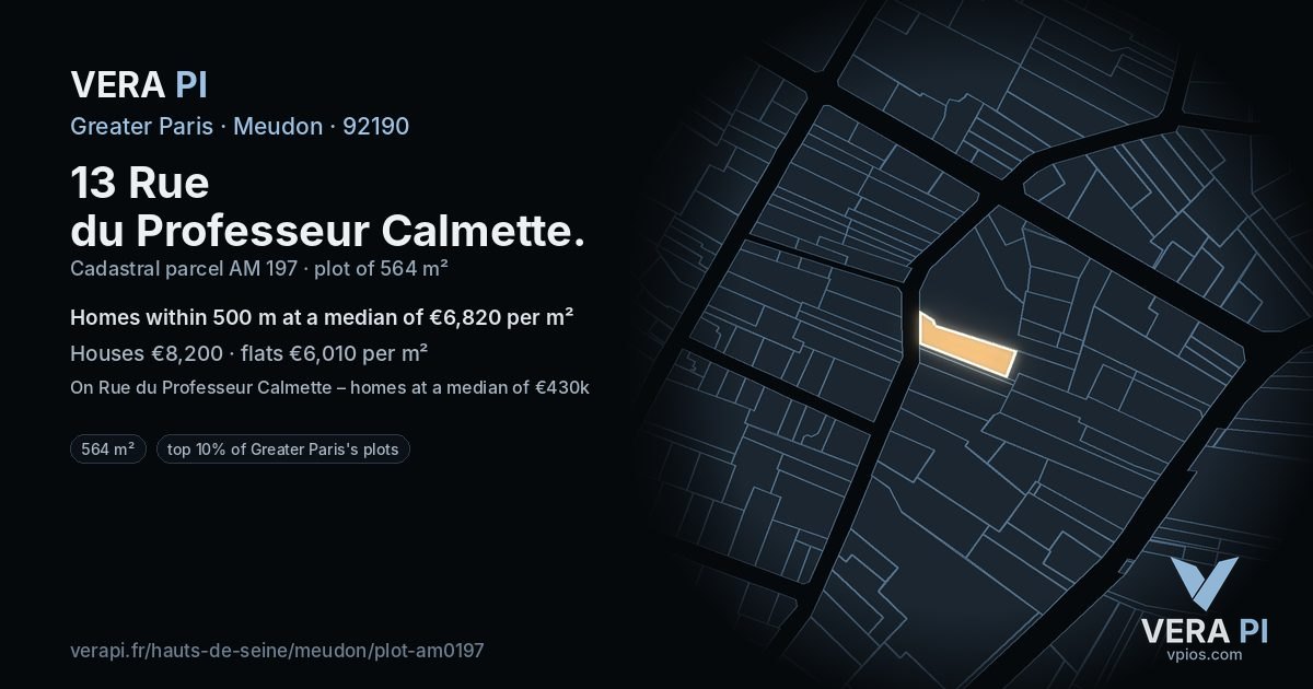 13 Rue du Professeur Calmette, Meudon at night – the plot lit, the parcels around coloured by the prices near them