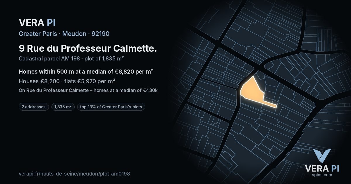 9 Rue du Professeur Calmette, Meudon at night – the plot lit, the parcels around coloured by the prices near them