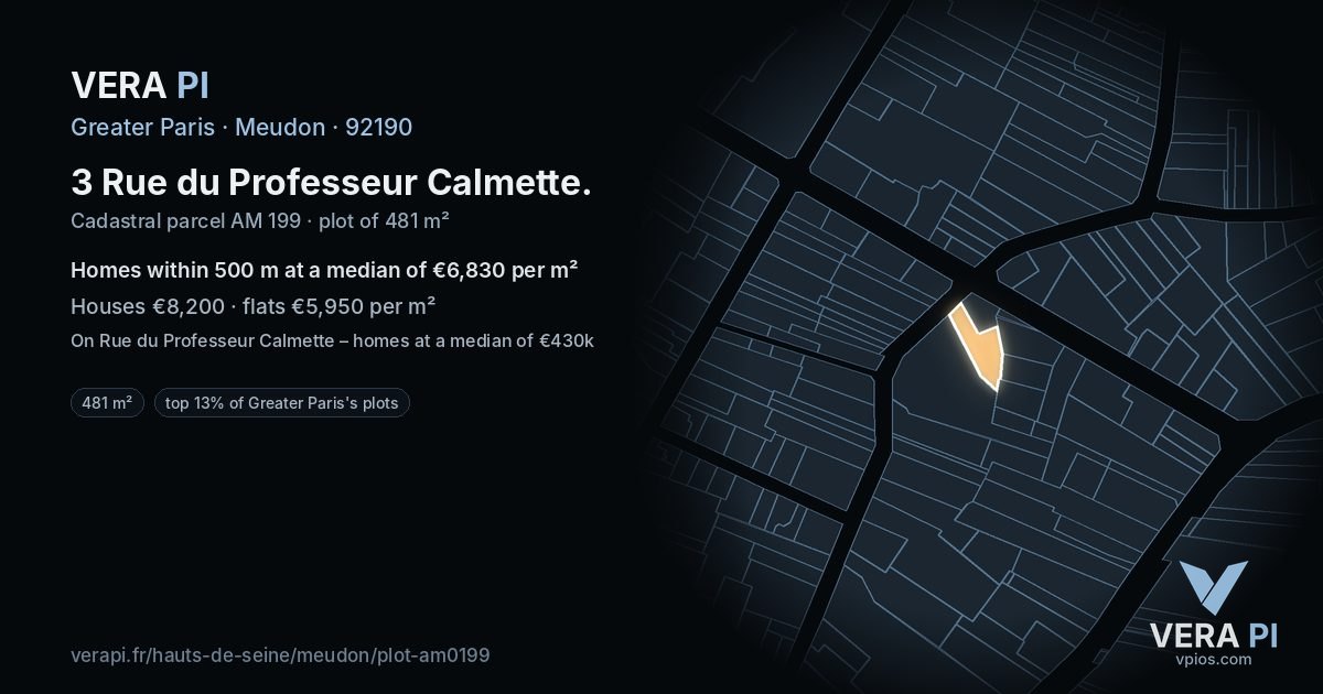 3 Rue du Professeur Calmette, Meudon at night – the plot lit, the parcels around coloured by the prices near them
