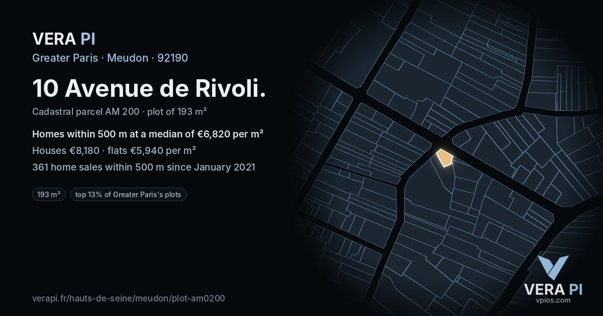 10 Avenue de Rivoli, Meudon at night – the plot lit, the parcels around coloured by the prices near them
