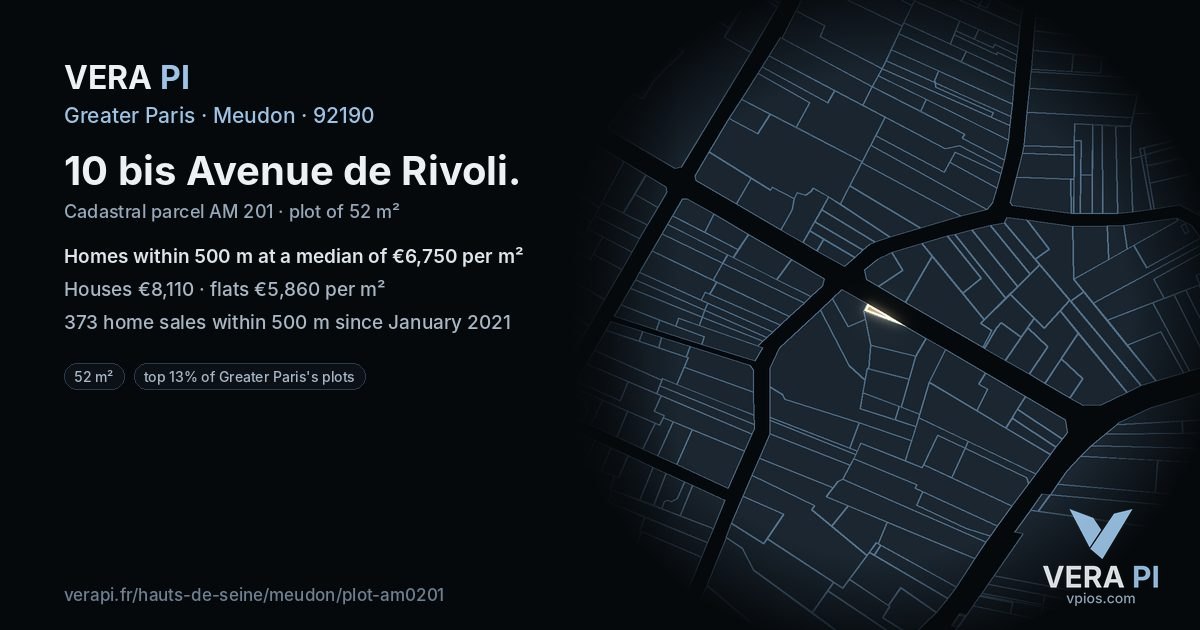 10 bis Avenue de Rivoli, Meudon at night – the plot lit, the parcels around coloured by the prices near them