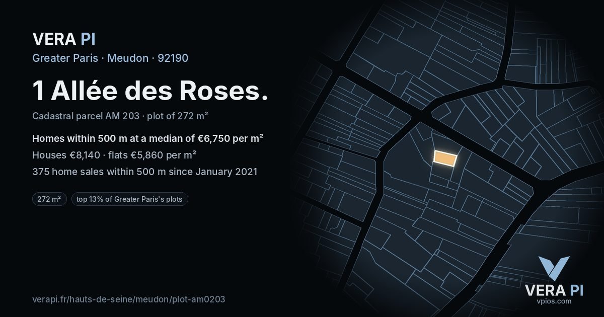 1 Allée des Roses, Meudon at night – the plot lit, the parcels around coloured by the prices near them