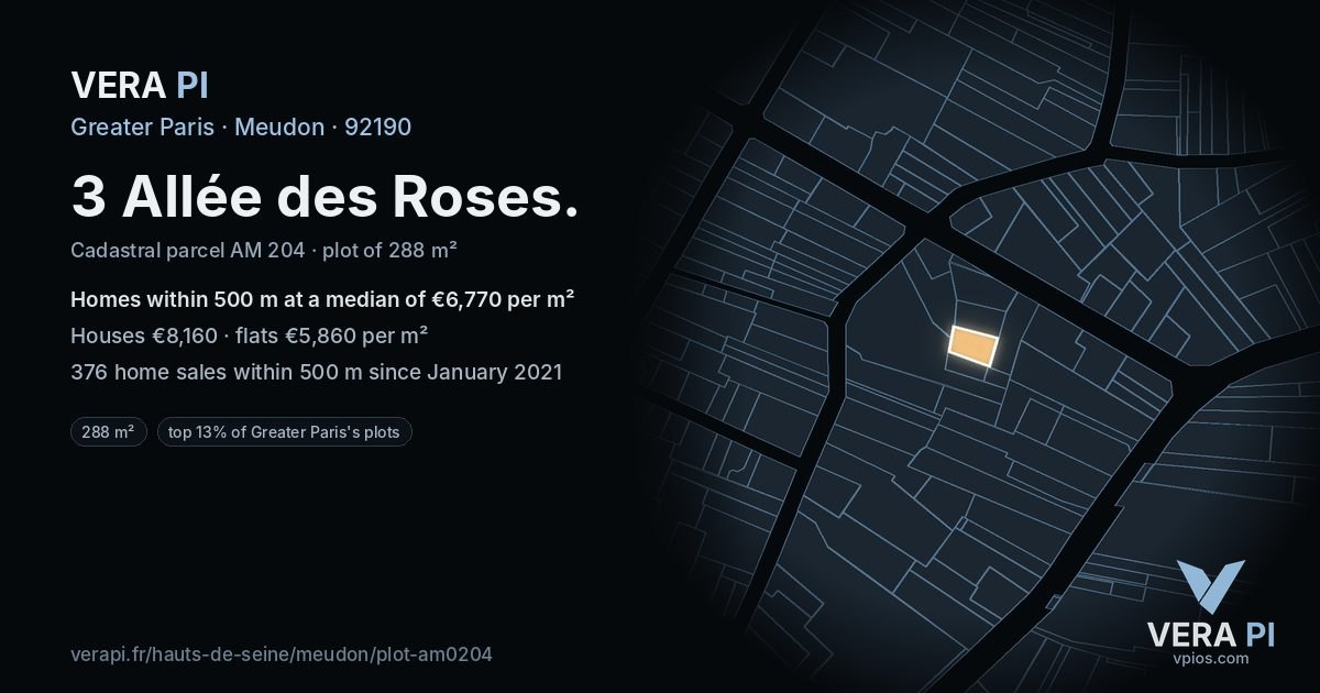 3 Allée des Roses, Meudon at night – the plot lit, the parcels around coloured by the prices near them