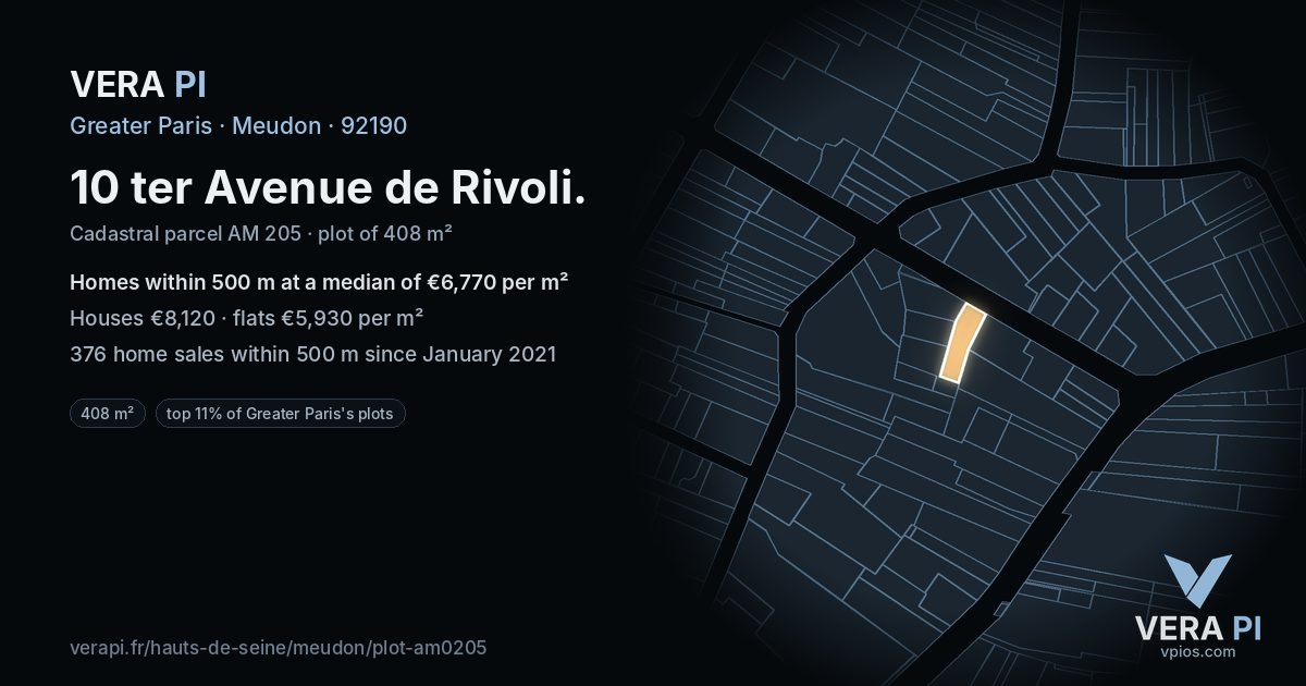 10 ter Avenue de Rivoli, Meudon at night – the plot lit, the parcels around coloured by the prices near them