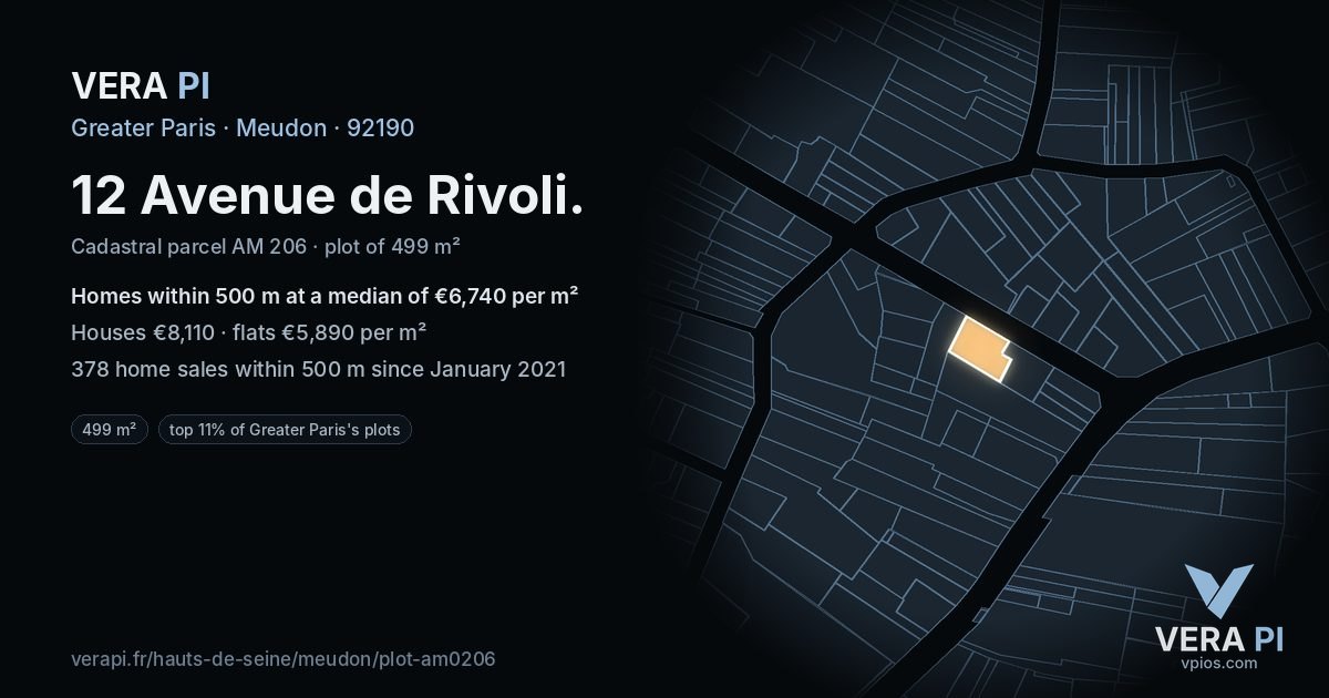 12 Avenue de Rivoli, Meudon at night – the plot lit, the parcels around coloured by the prices near them