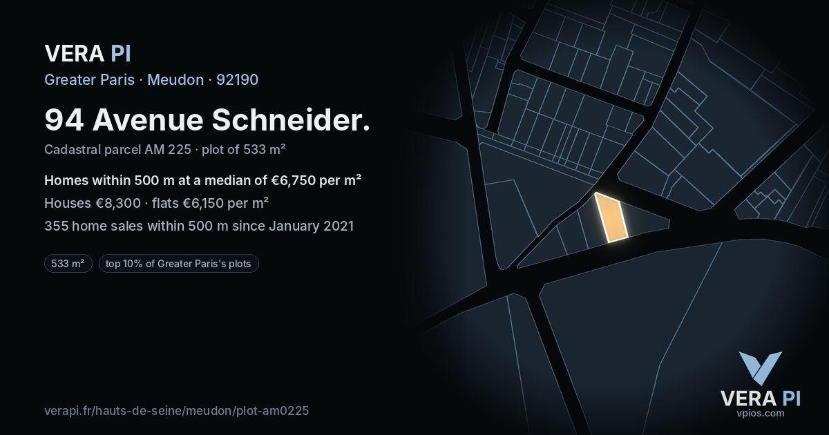 94 Avenue Schneider, Meudon at night – the plot lit, the parcels around coloured by the prices near them