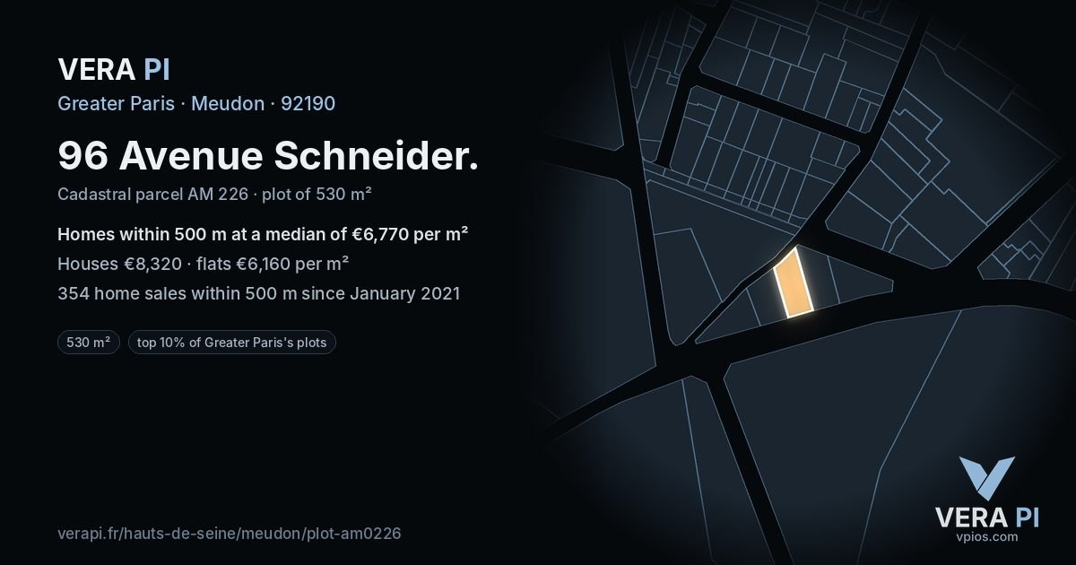 96 Avenue Schneider, Meudon at night – the plot lit, the parcels around coloured by the prices near them
